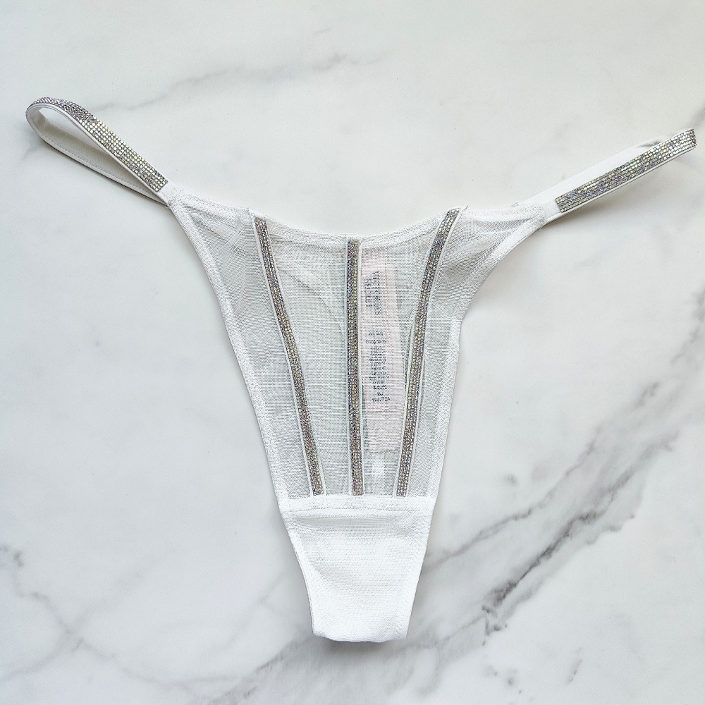 NWT VICTORIA'S SECRET VERY SEXY SHEER SHINE THONG PANTY IN COCONUT WHITE SIZE ME